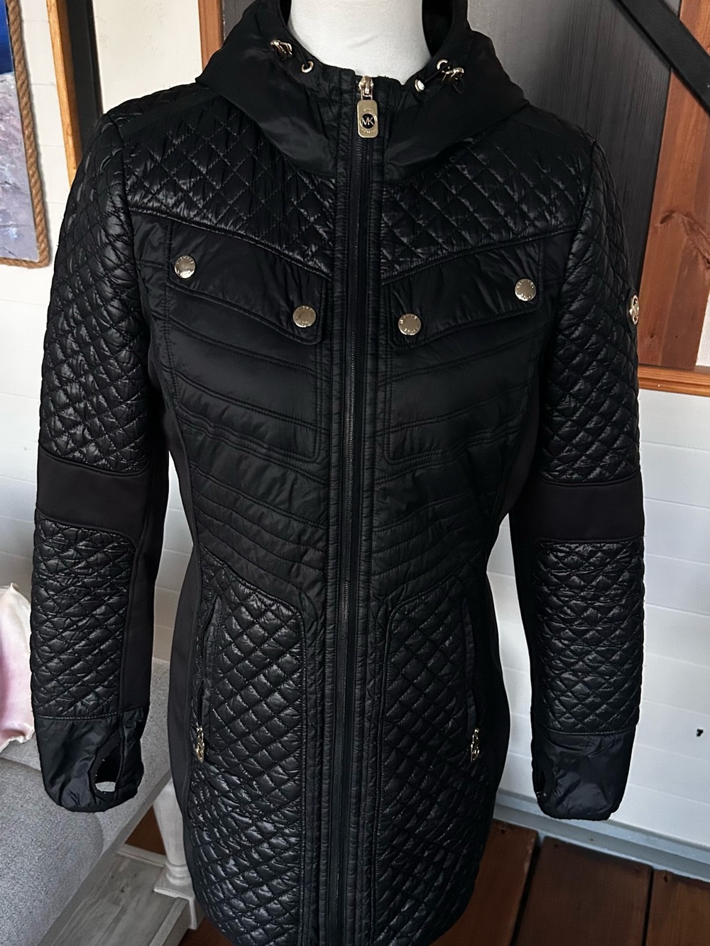 MICHAEL Michael Kors Black Quilted Hooded Long Coat Gold Hardware S